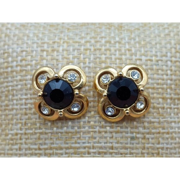 1928 Collection Gold Tone & Black Stud Earrings Small .5" Flower Crystal Accents - Picture 3 of 9